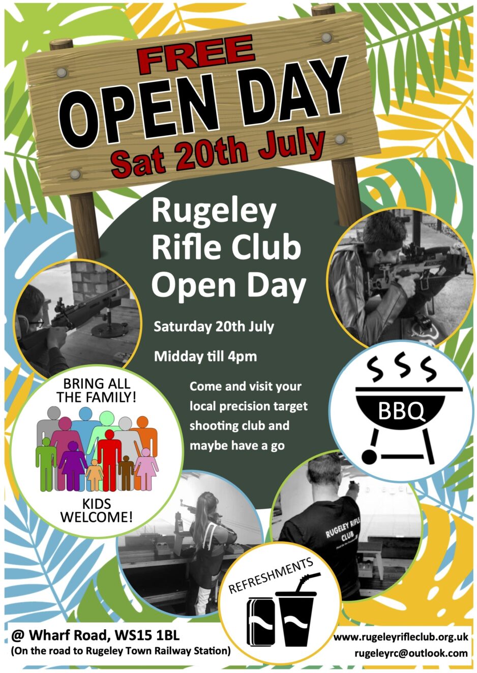 A flyer for an Open Day at Rugeley Rifle Club. The club is open from noon until 4PM on Saturday 20th July 2024.