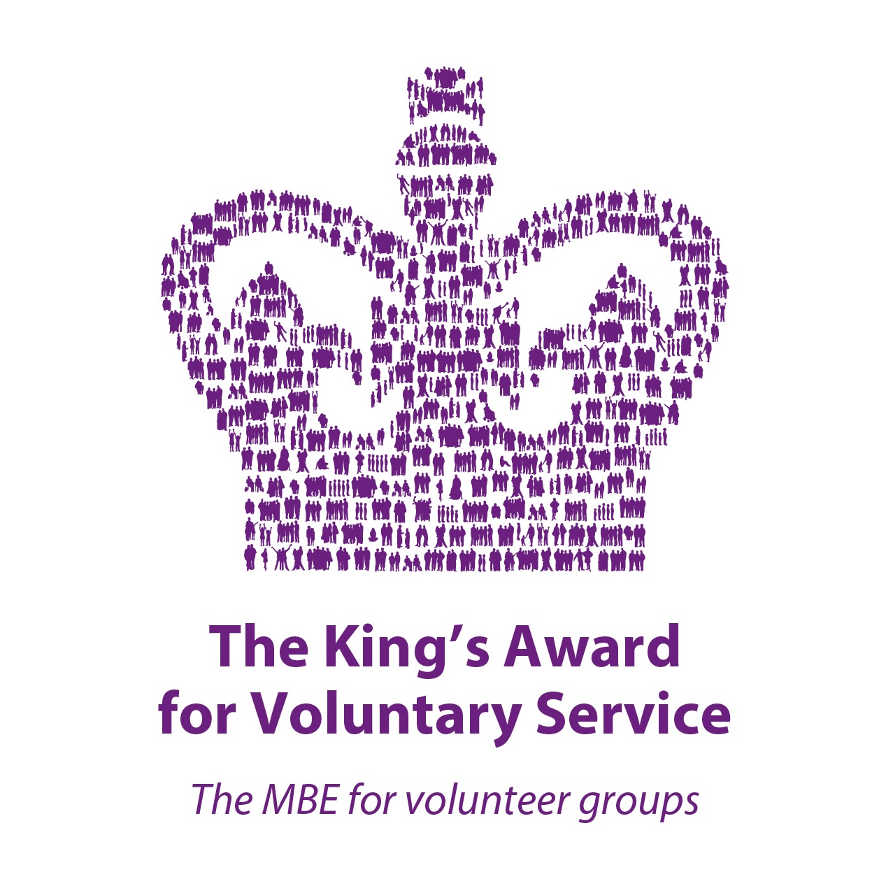 A purple crown is formed from the silhouettes of many people, representing the volunteers whose work is recognised by the King's Award for Voluntary Service